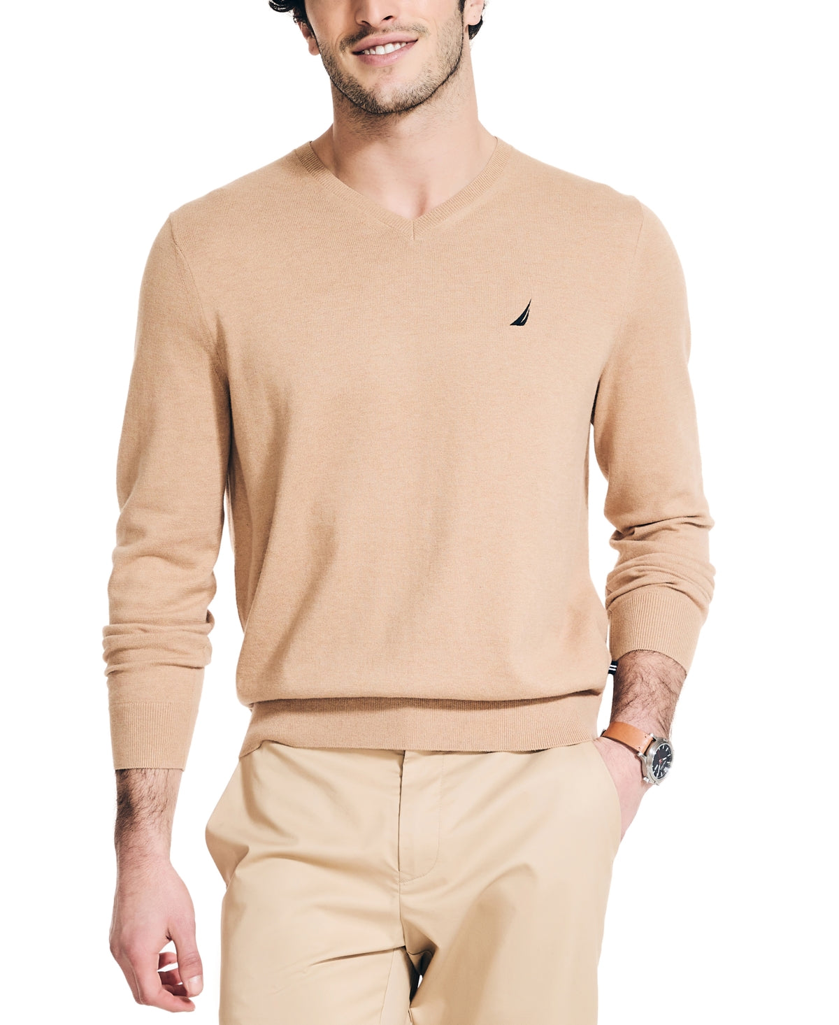 Nautica Mens Regular fit Long Sleeve V Neck Sweater XXL V-Neck Beige Solid