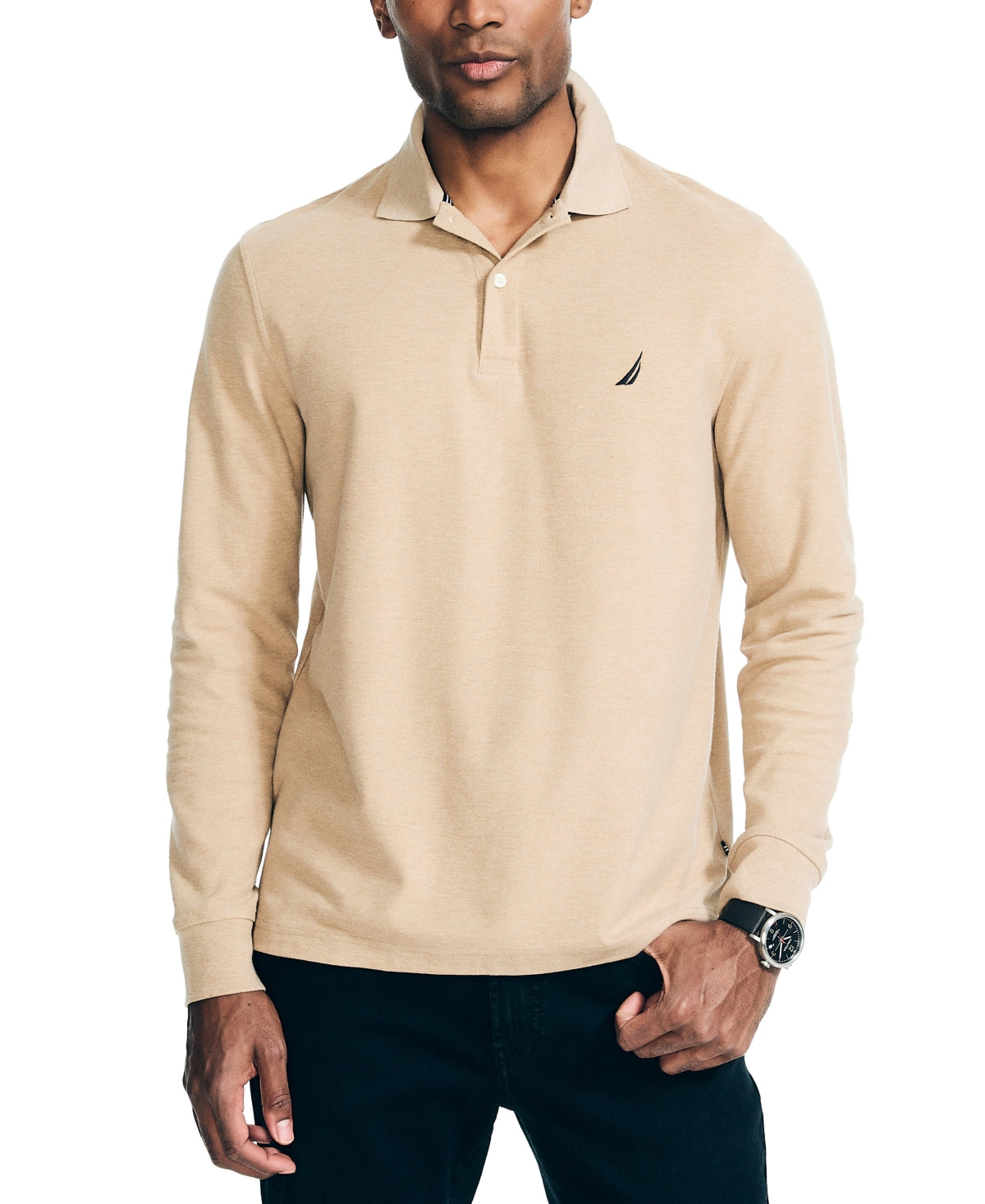 Nautica Mens Classic Fit Long Sleeve Polo Shirt Camel Heather Beige XL