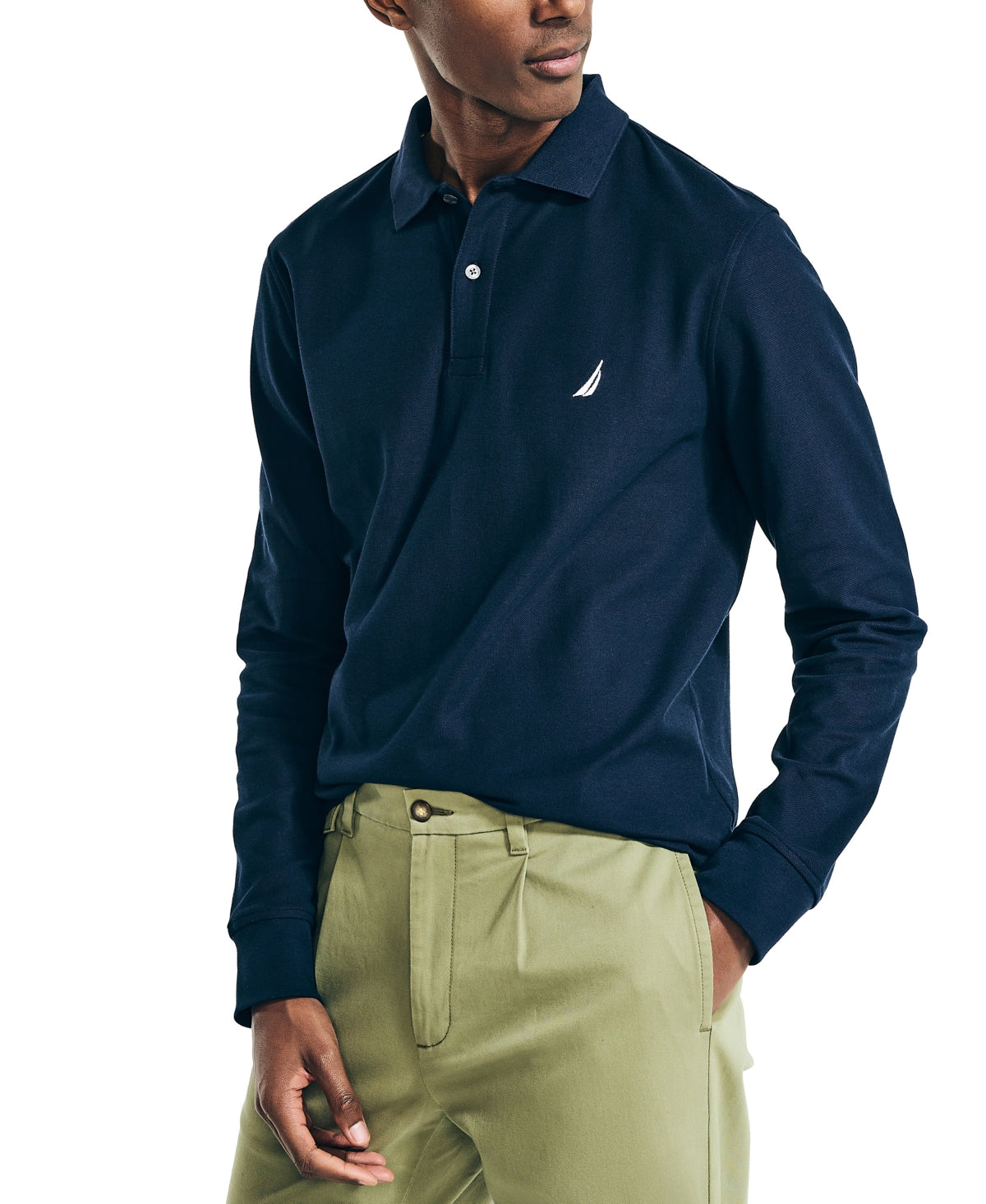 Nautica Men's Long Sleeve Polo Shirt Navy Blue Large