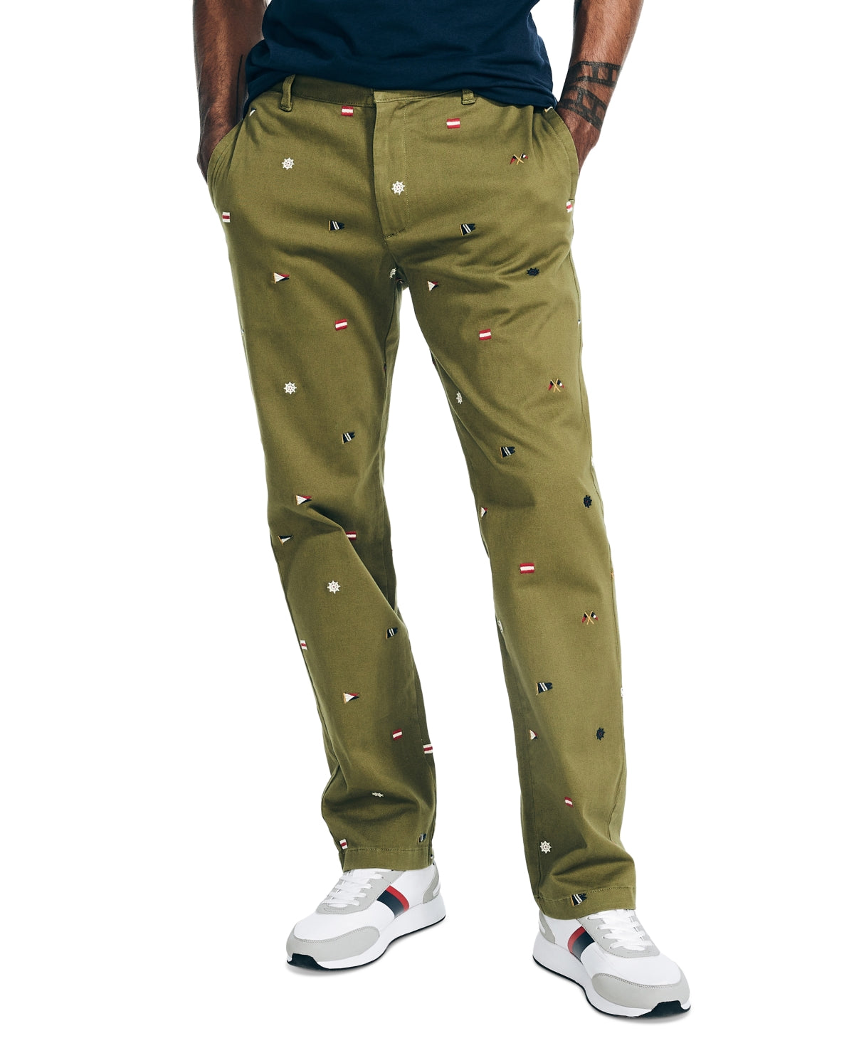 Nautica Men's Classic Fit Embroidered Flag Chino Pants Olive Green 34 x 30