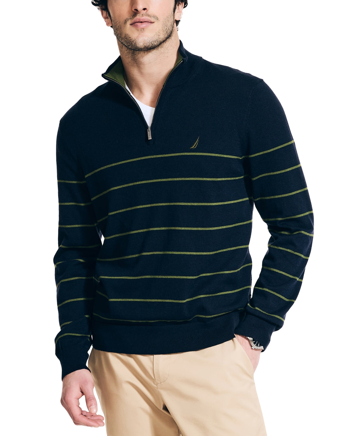 Nautica Mens Navtech Quarter Zip Sweater Navy Seas Blue Multi Medium