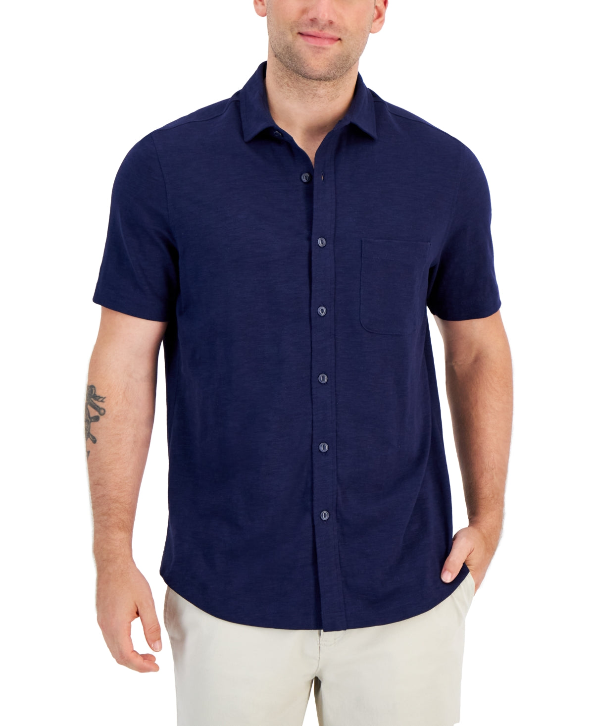 Club Room Men's Regular Fit Knit Button Down Short Sleeve Shirt Blue XL