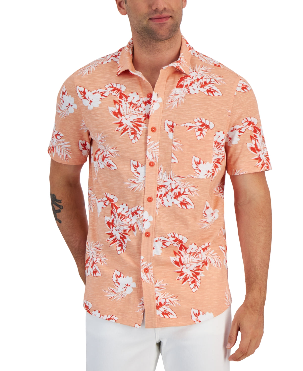 Club Room Men's Tropical Floral Button Down Shirt Peach Puff Orange 3XL
