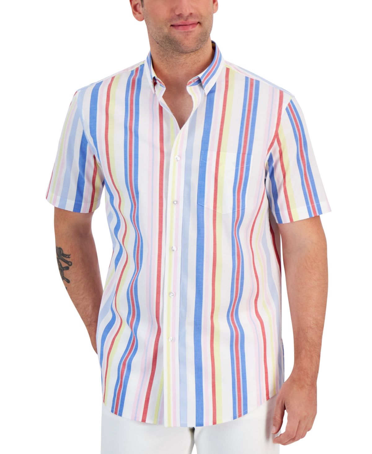 Club Room Men's Striped Poplin Short Sleeve Button Down Shirt Blue Multi Small