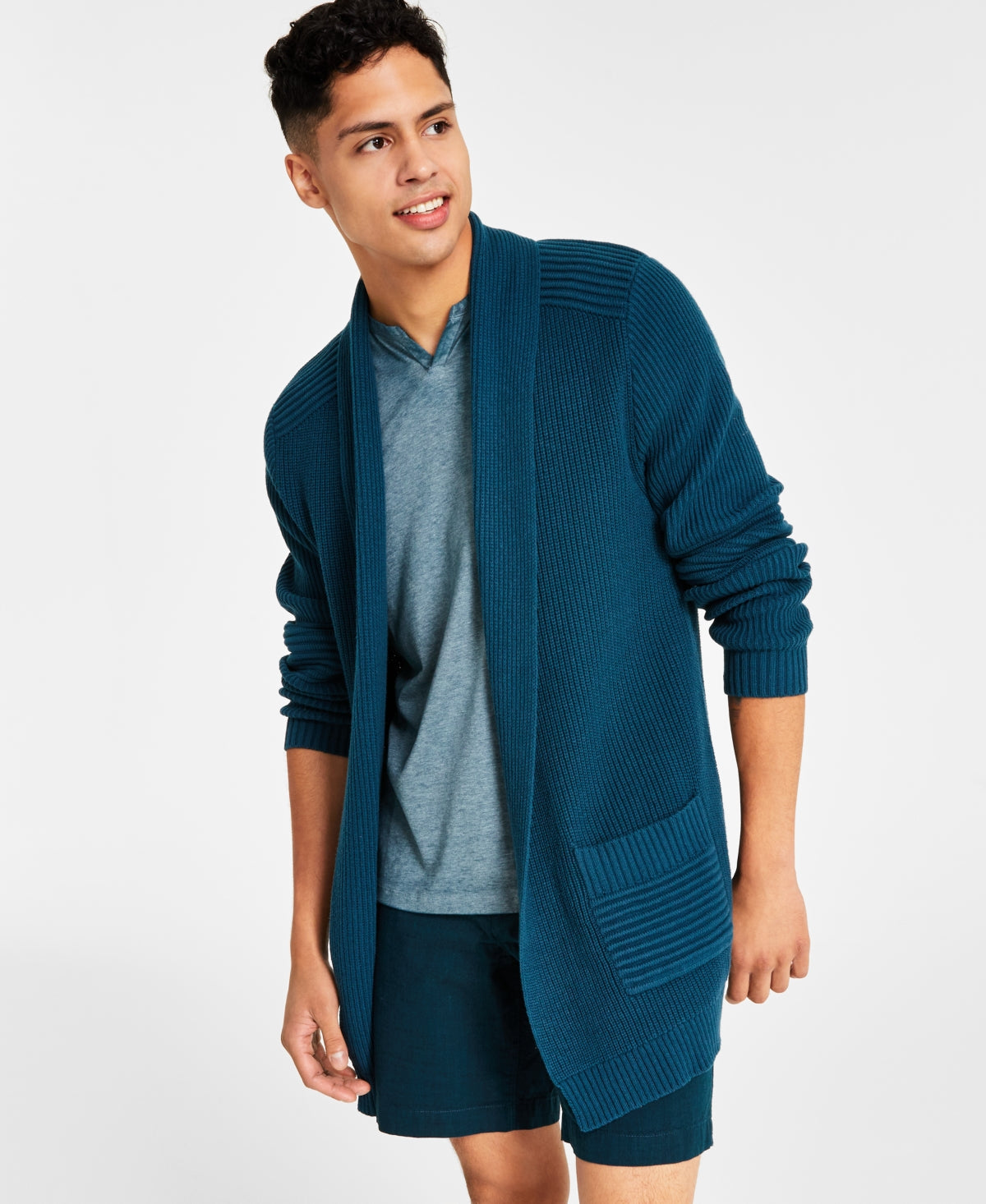 International Concepts Men's Ribbed Shawl Collar Cardigan Dark Kale Blue XL