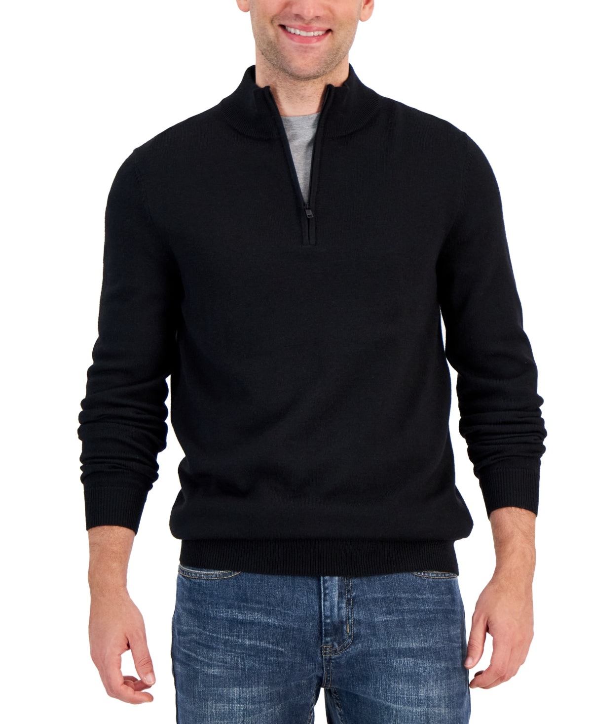 Alfani Mens Regular fit Long Sleeve Half Zip Sweater Large Black