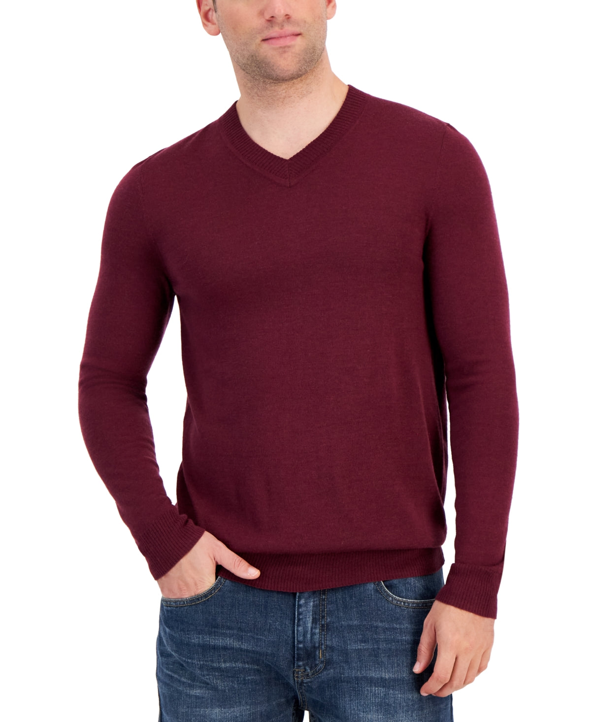 Alfani Mens Long Sleeve V Neck Sweater Maroon Banner Red  3XL