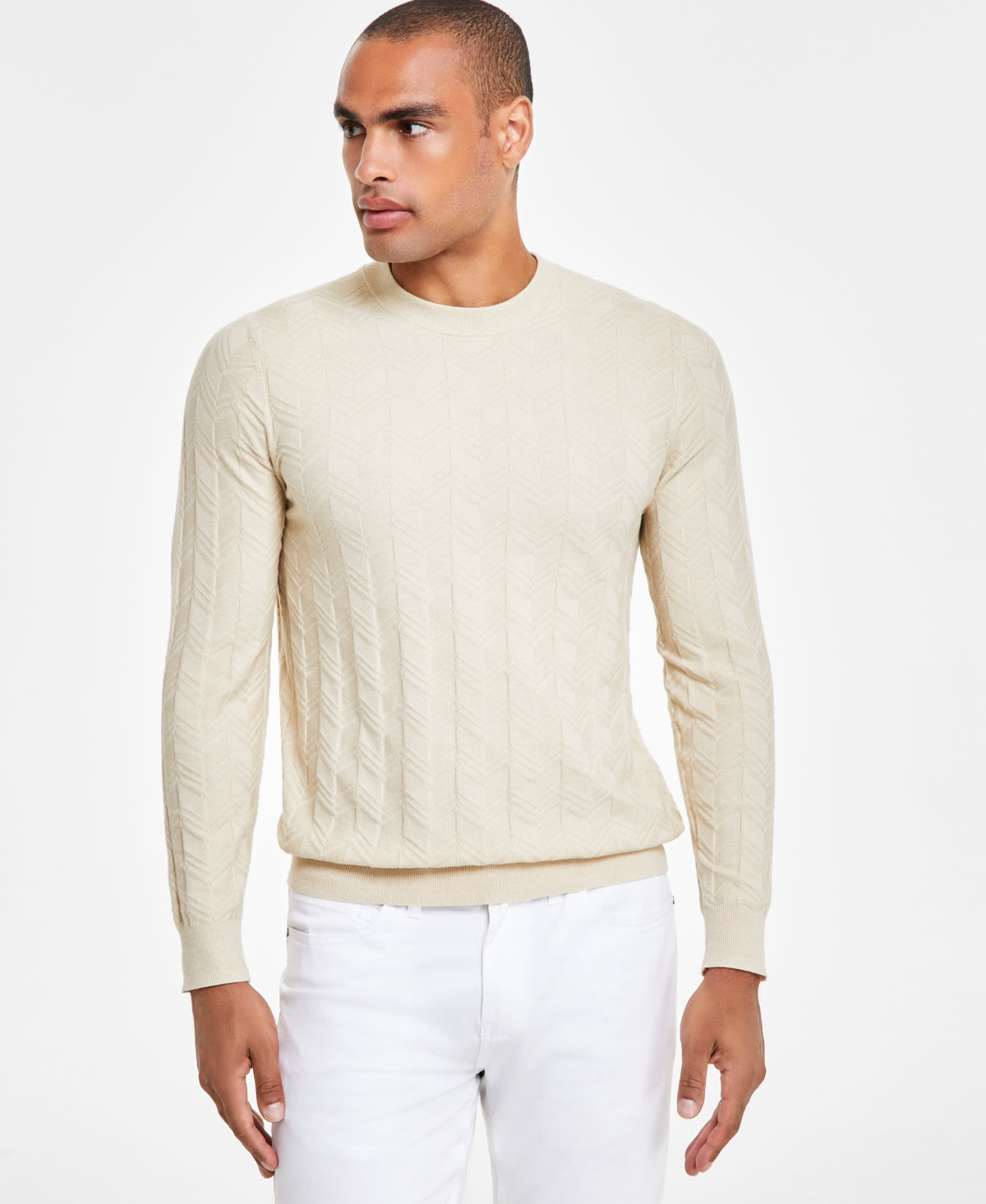 Alfani Mens Textured Chevron Long Sleeve Crewneck Sweater Brown Rice XL