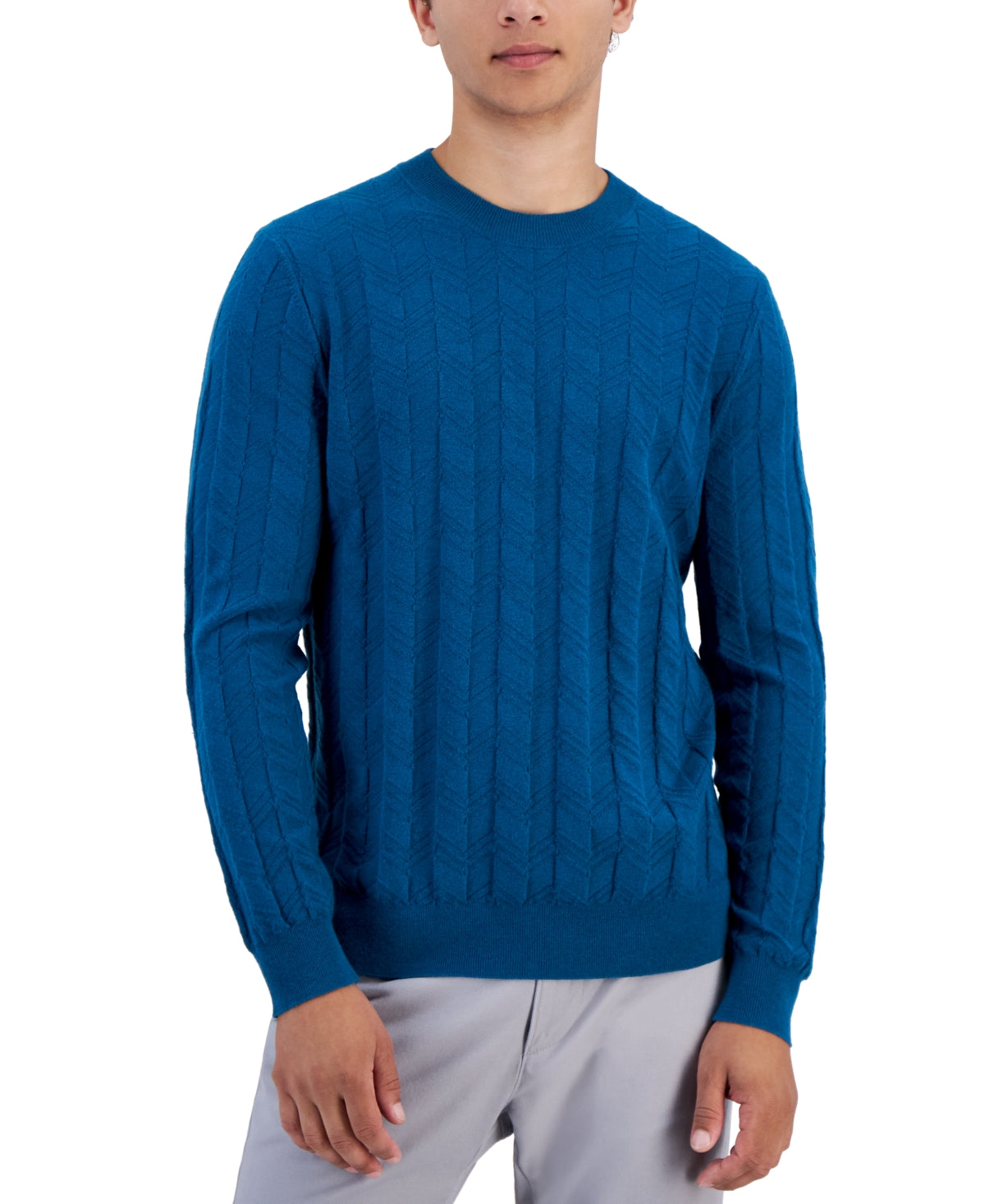 Alfani Mens Textured Chevron Crewneck Sweater Blue Gem 2XL