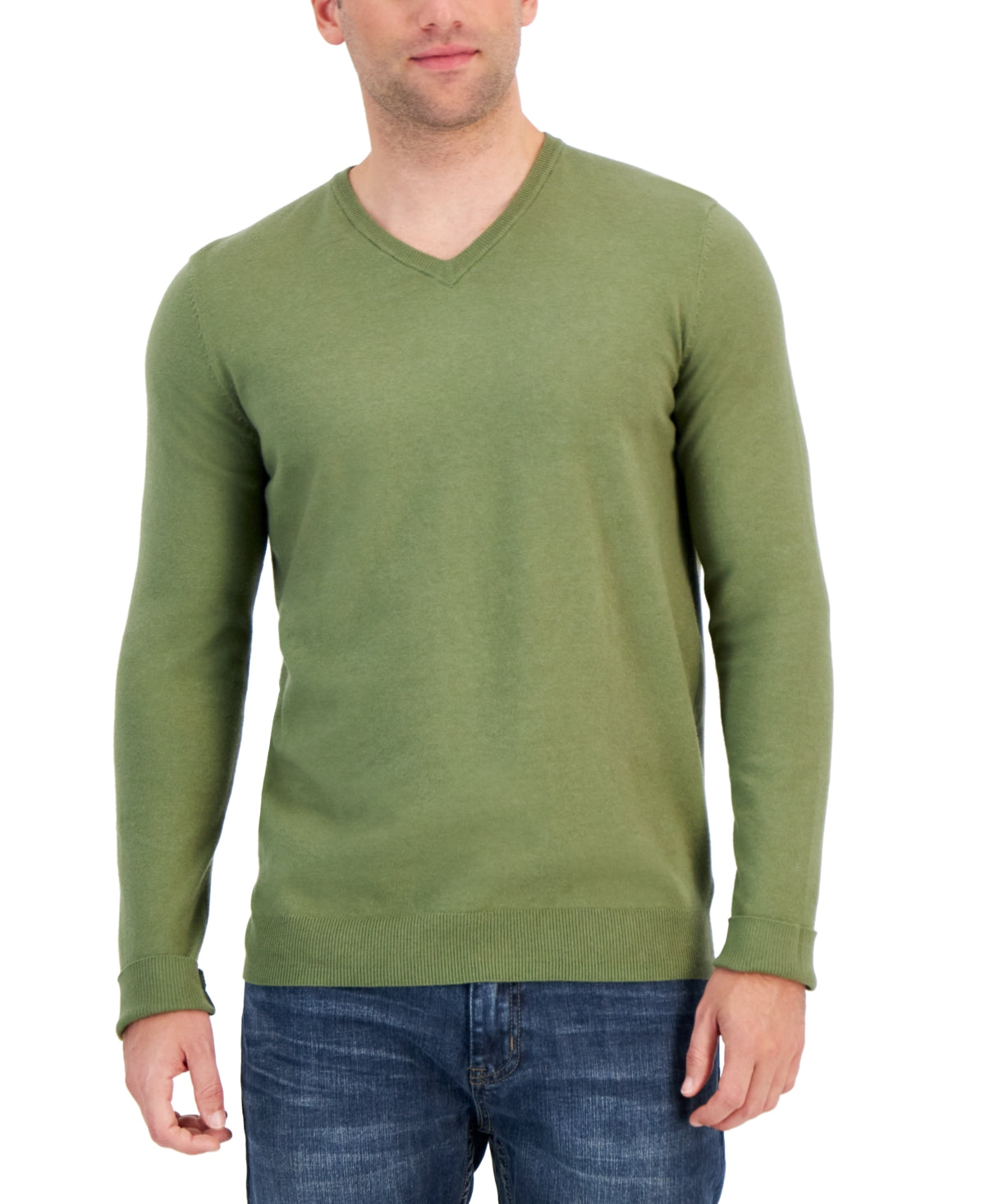 Alfani Men's Solid V Neck Cotton Sweater Military Soil Green  XL