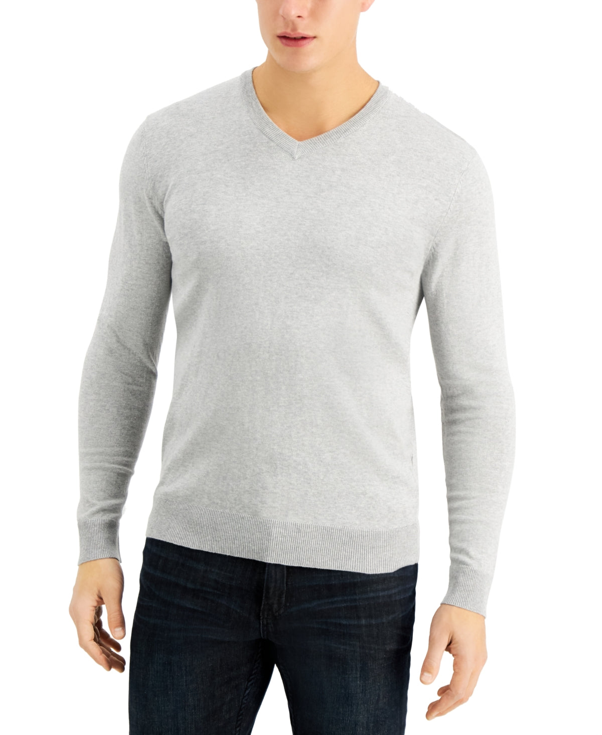 Alfani Mens Solid V Neck Cotton Pullover Sweater Casual Grey 3XL