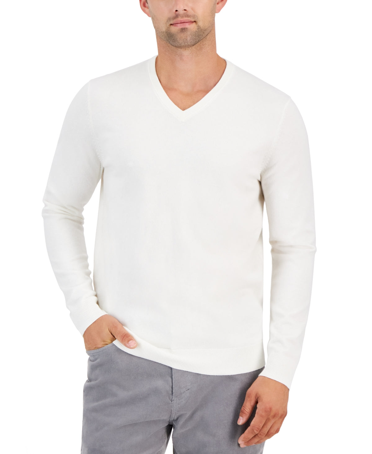 Alfani Men's Solid V Neck Cotton Sweater Vanilla Ice White 2XL