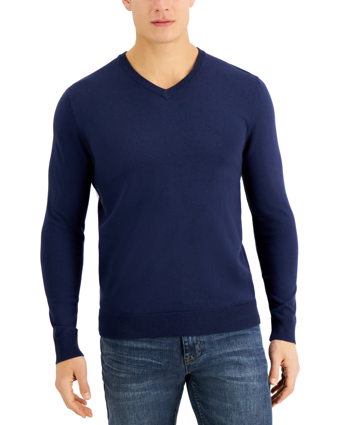 Alfani Mens Solid V Neck Cotton Sweater Neo Navy Blue 3XL