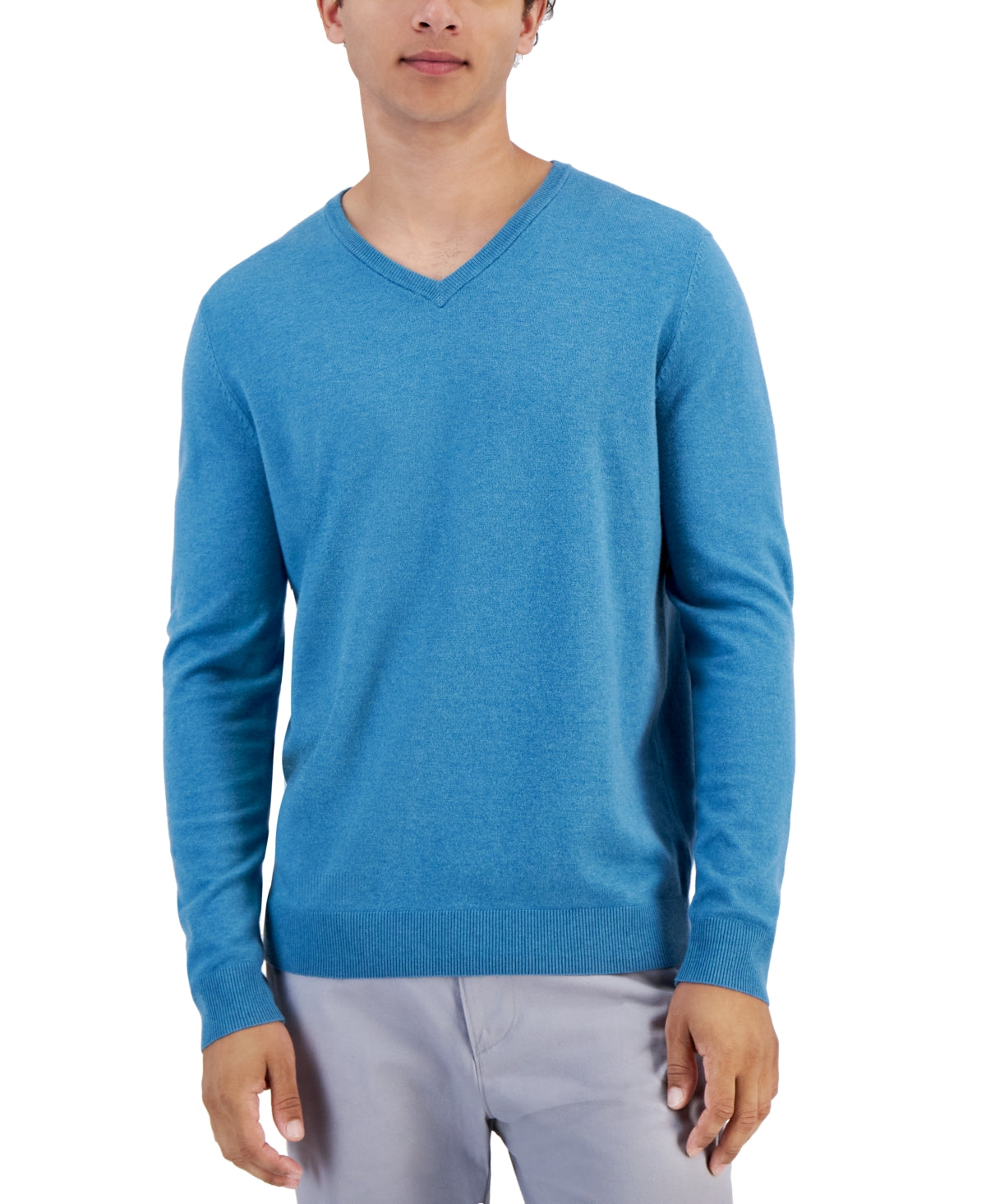 Alfani Mens Solid V Neck Cotton Sweater Deep Patina Blue 2XL