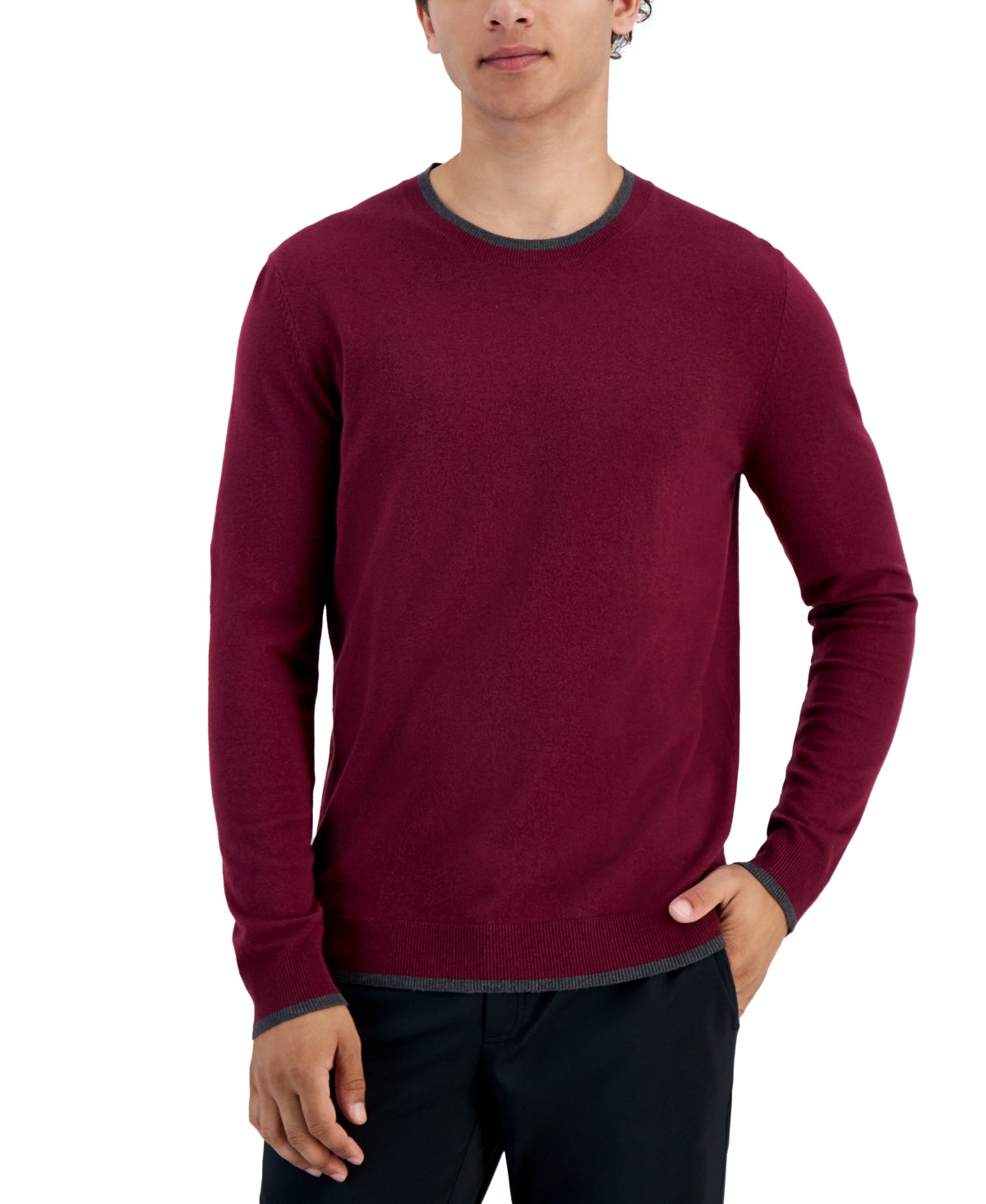 Alfani Men's Contrast Edge Crewneck Sweater Maroon Banner Red XXL