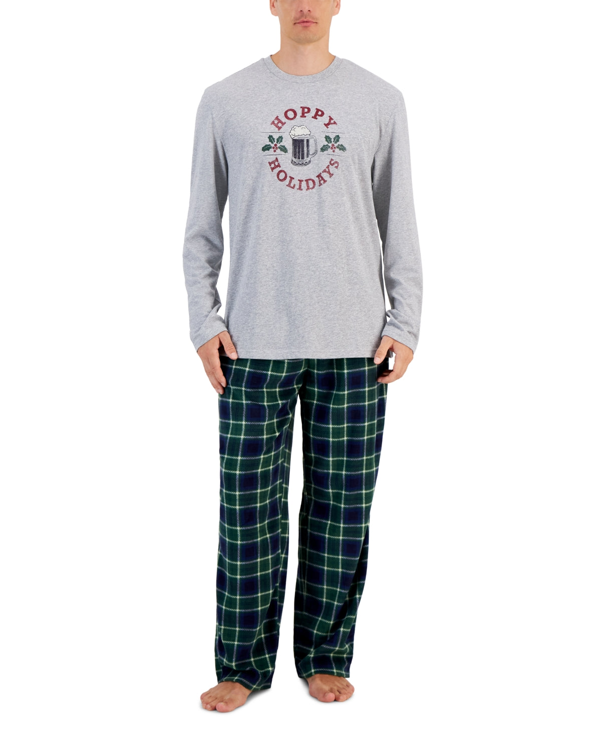 Club Room Mens Long Sleeve Pajama Pants Set Grey Green Plaid XL