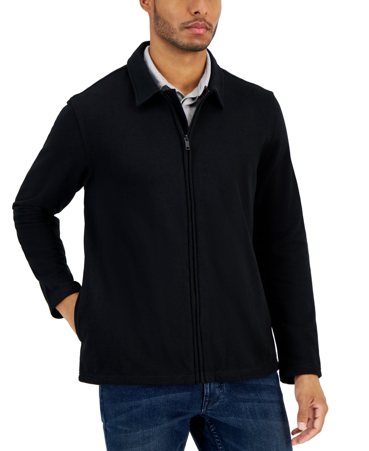 Alfani Mens Harrington French Terry Full Zip Jacket Deep Black 2XL