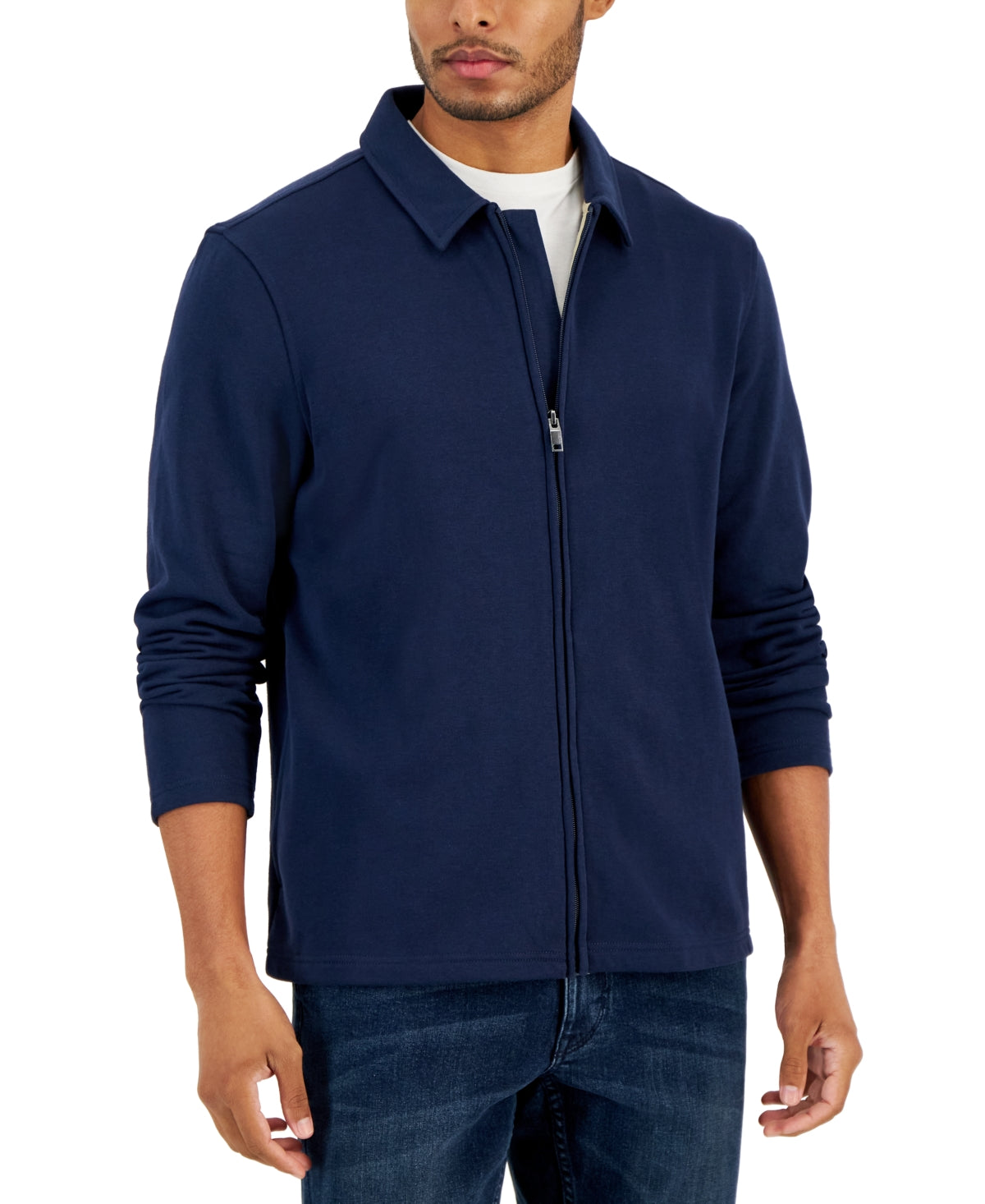 Alfani Mens Harrington French Terry Full Zip Front Jacket Neo Navy Large