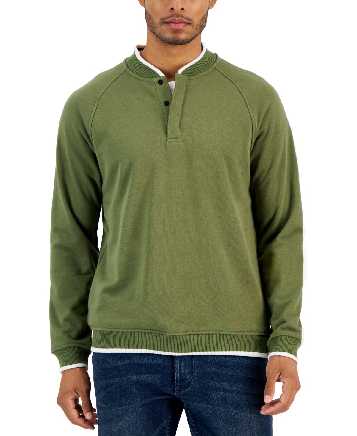 Alfani Mens Baseball Collar Snap Pullover Sweatshirt Military Green Small