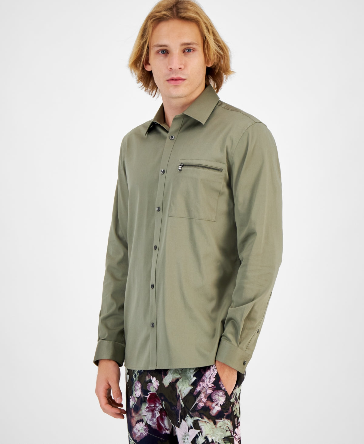 International Concepts Men's Jared Regular Fit Sateen Shirt Green Tea Leaf 2XL