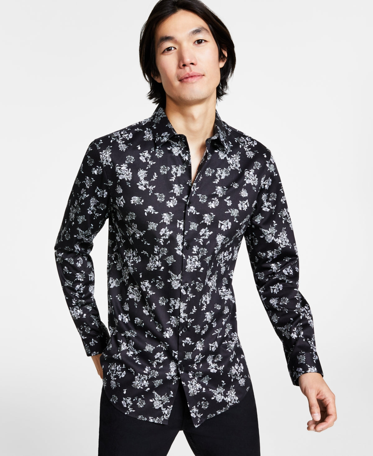 I.N.C. International Concepts Mens Slim Fit Floral Tuxedo Shirt Black Small