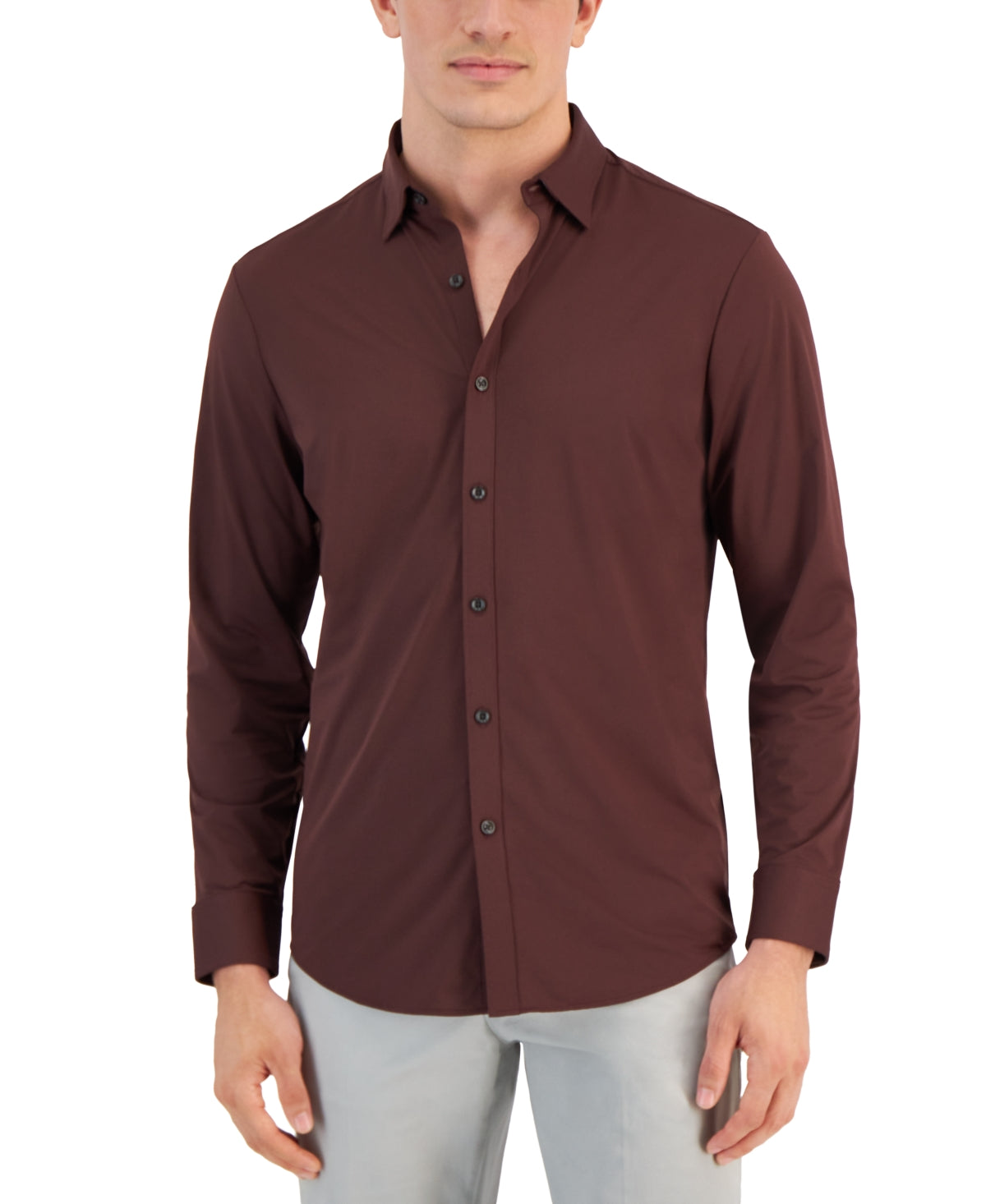 Alfani Mens Regular fit Long Sleeve Button-Up Shirt Small Red Solid Stretch