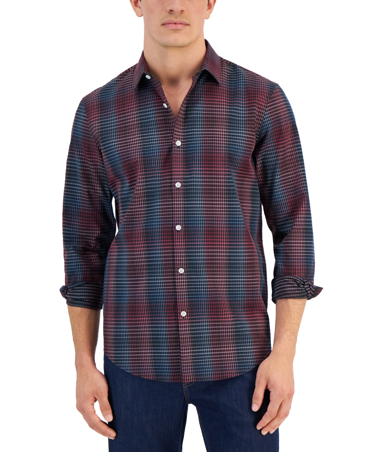 Alfani Men's Grad Plaid Yarn Dyed Long Sleeve Button Down Shirt Blue Black Large