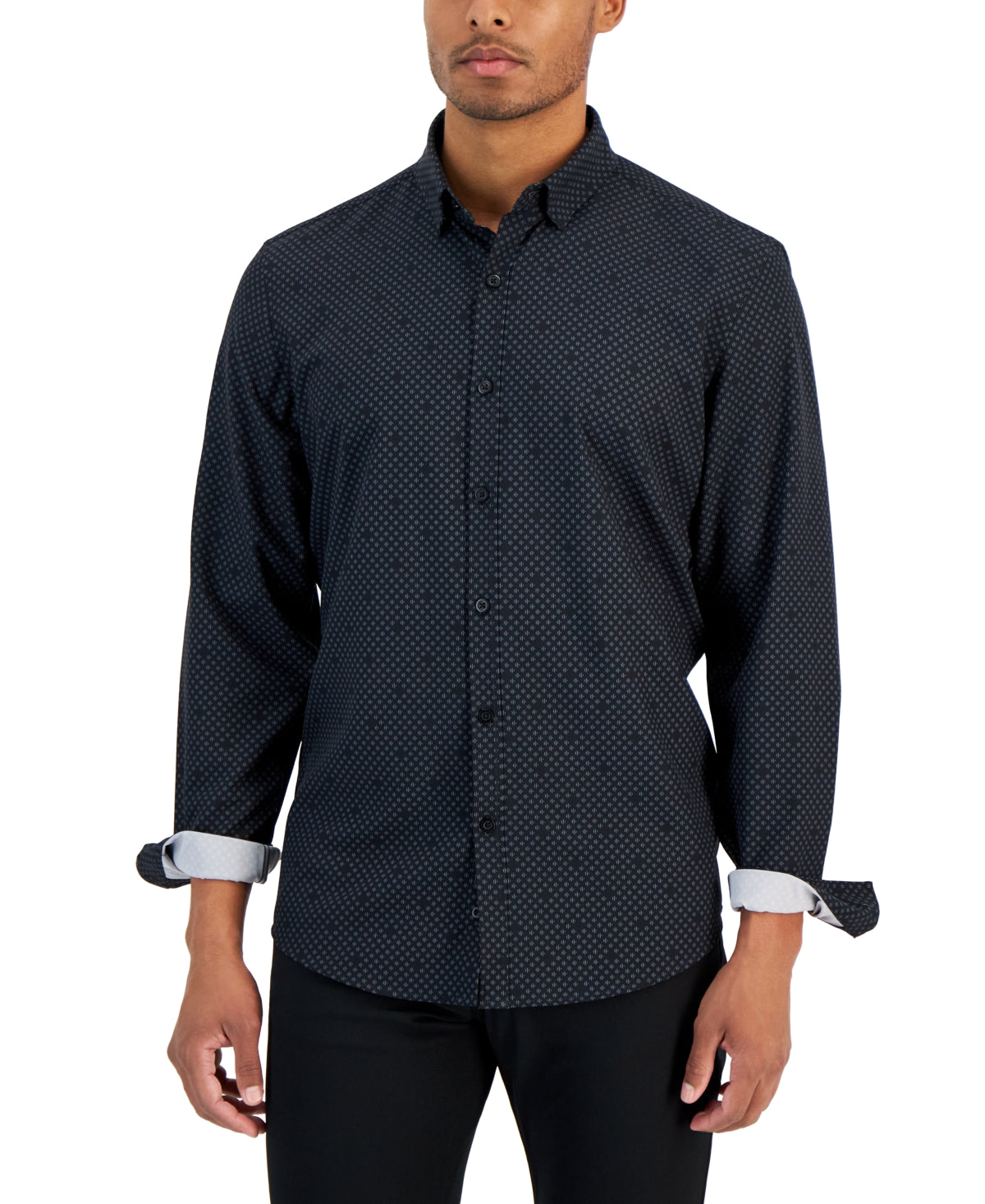 Aflani Men's Alfatech Regular Fit Geo Print Button Down Shirt Deep Black Small