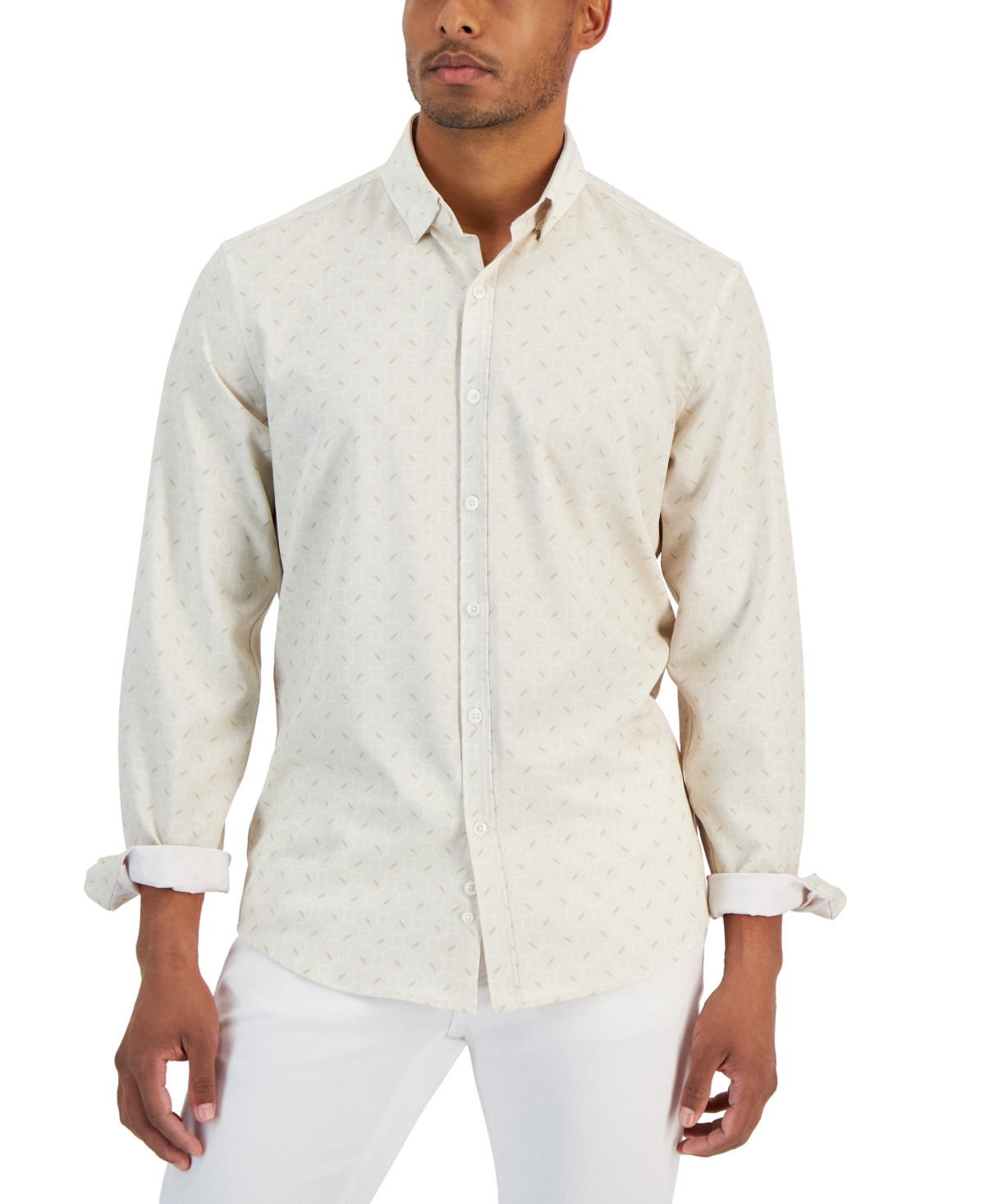 Alfani Men's Alfatech Regular Fit Alfa Dot Shirt Vanilla Ice Beige Medium