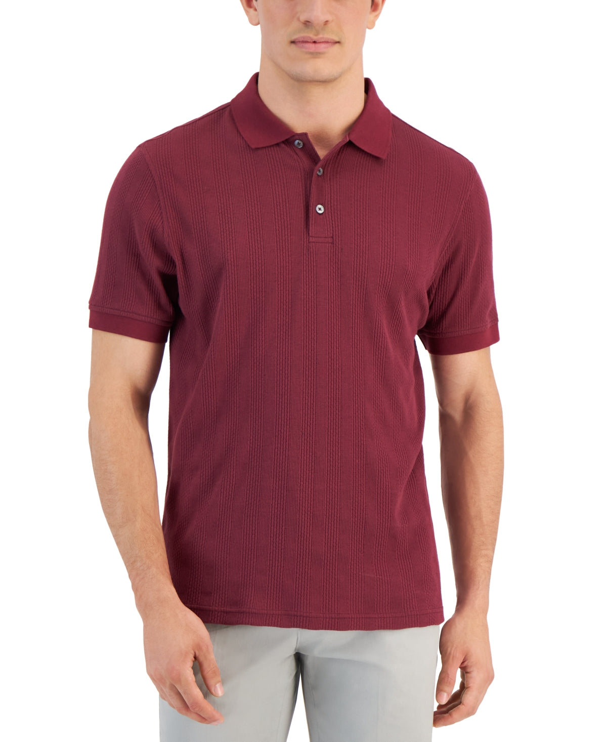 Alfani Mens Stretch Textured Stripe Shirt Sleeve Polo Shirt Maroon Banner Large