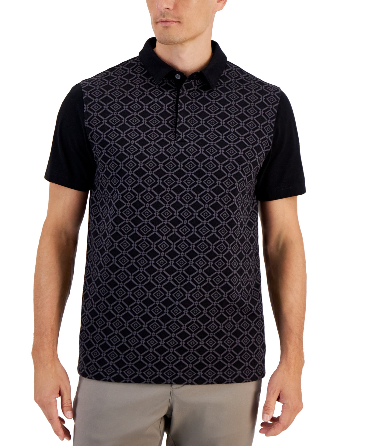 Alfani Men's Niko Regular Fit Geo Jacquard Polo Shirt Black XXL