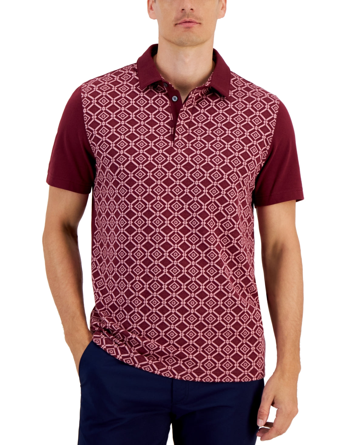 Alfani Mens Niko Regular Fit Short Sleeve Polo Shirt Geo Jac Maroon Banner Small