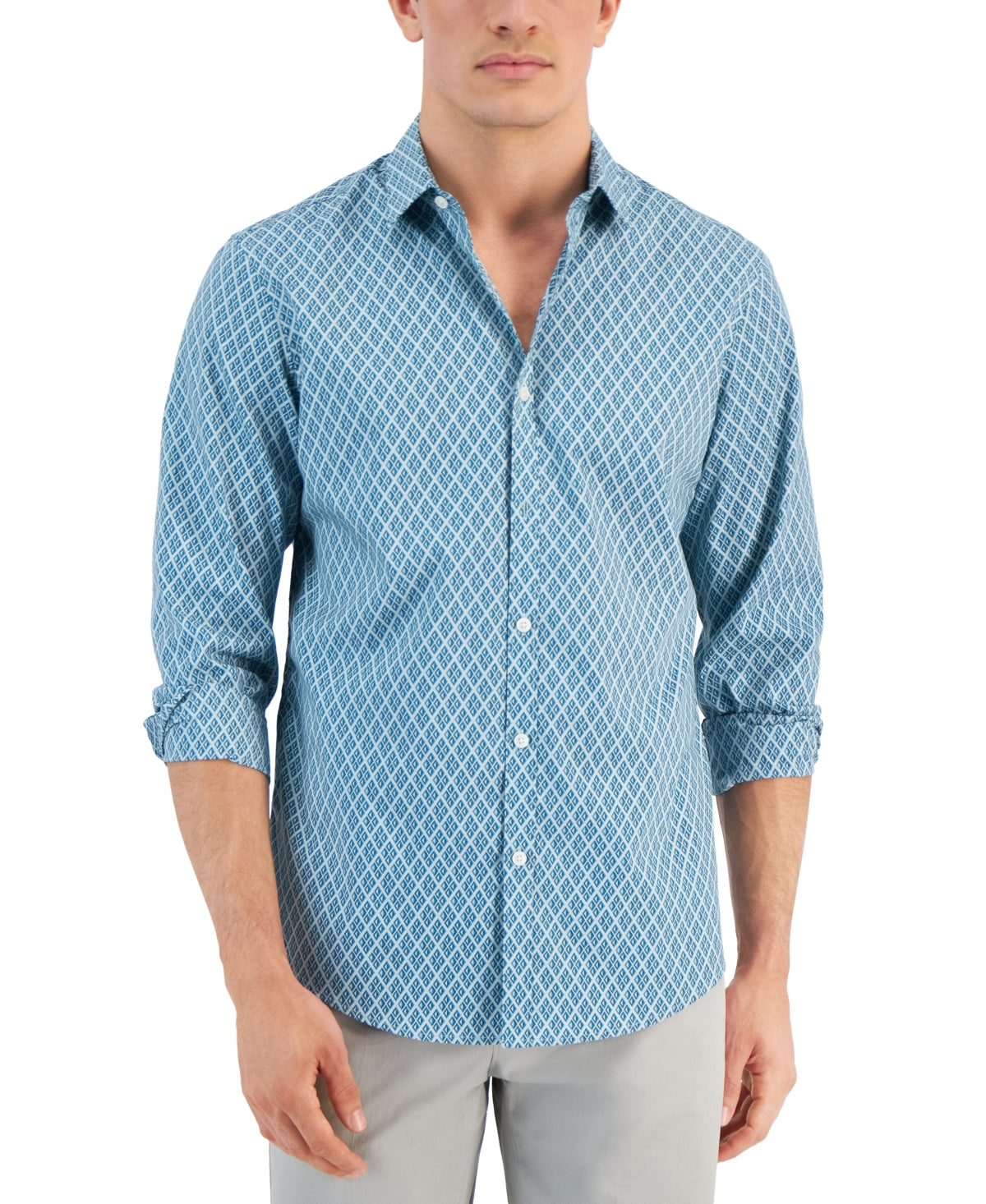 Alfani Men's Four Geo Print Long Sleeve Button Down Shirt Blue Medium