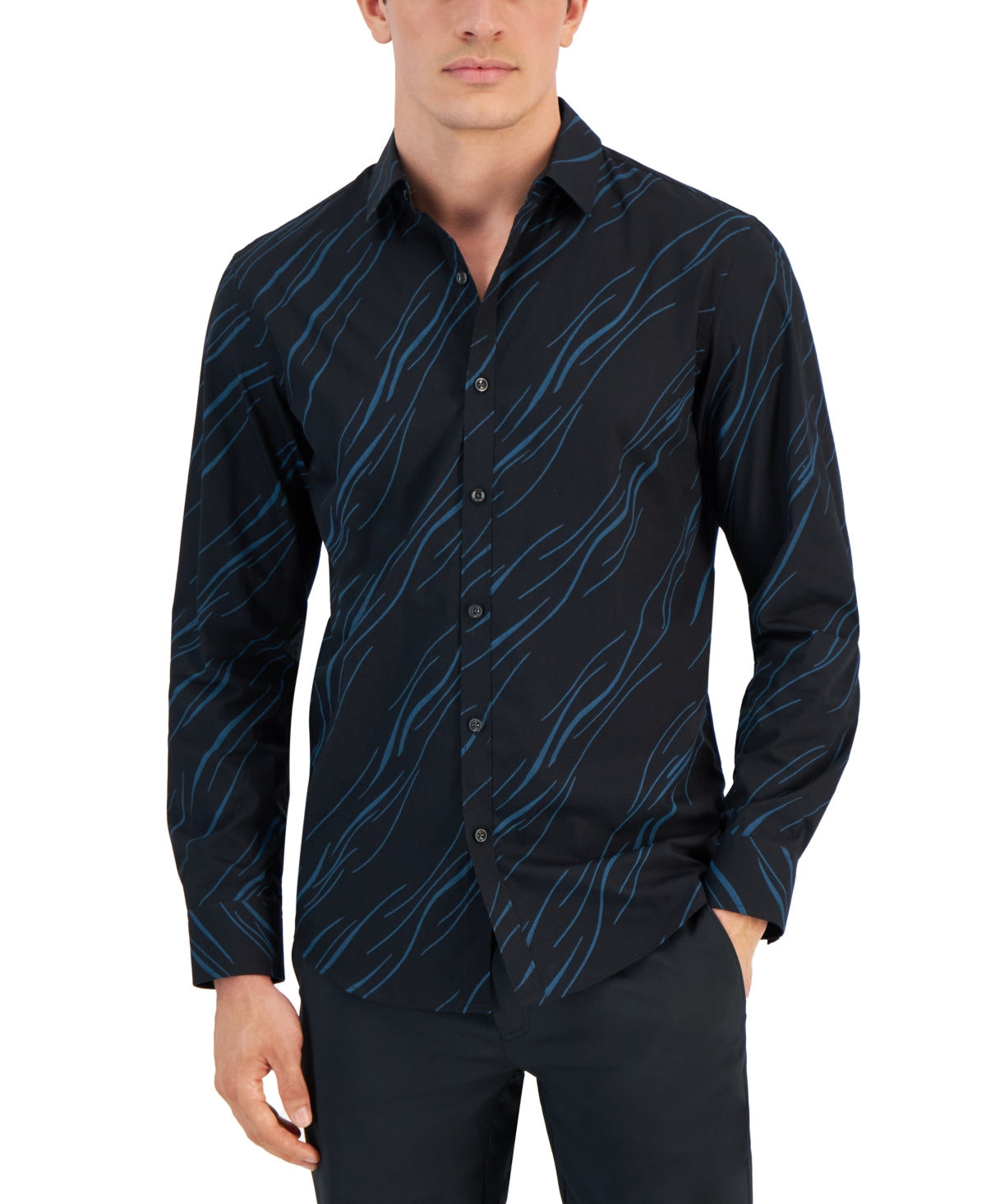 Alfani Men's Breeze Abstract Print Long Sleeve Button Down Shirt Deep Black XL