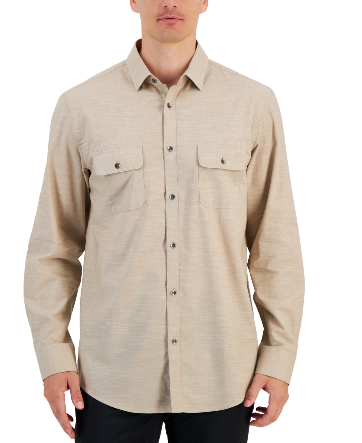 Alfani Men's Regular Fit Solid Button Down Shirt Twill Beige Small