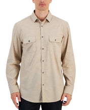 Alfani Men's Regular Fit Solid Button Down Shirt Twill Beige Large
