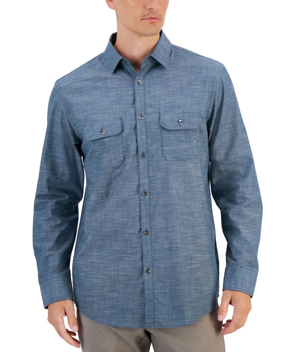 Alfani Mens Regular Fit Solid Button Down Shirt Dark Kale Blue Large