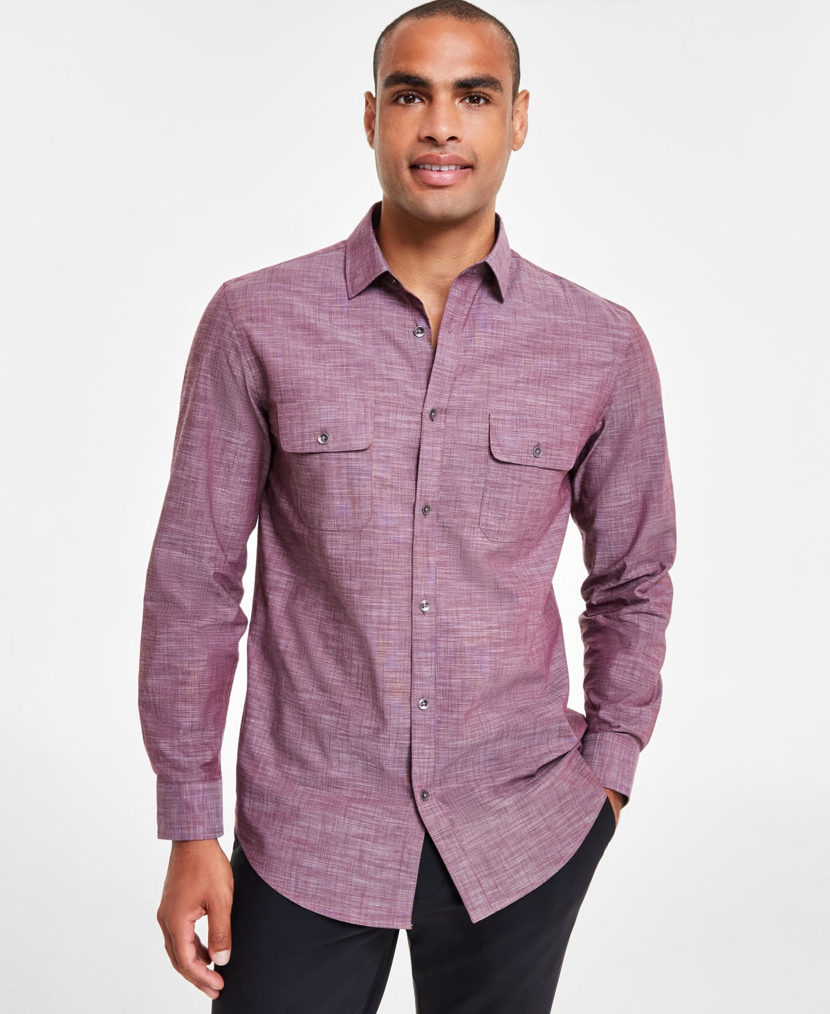 Alfani Men's Regular Fit Solid Button Down Shirt Maroon Banner Large