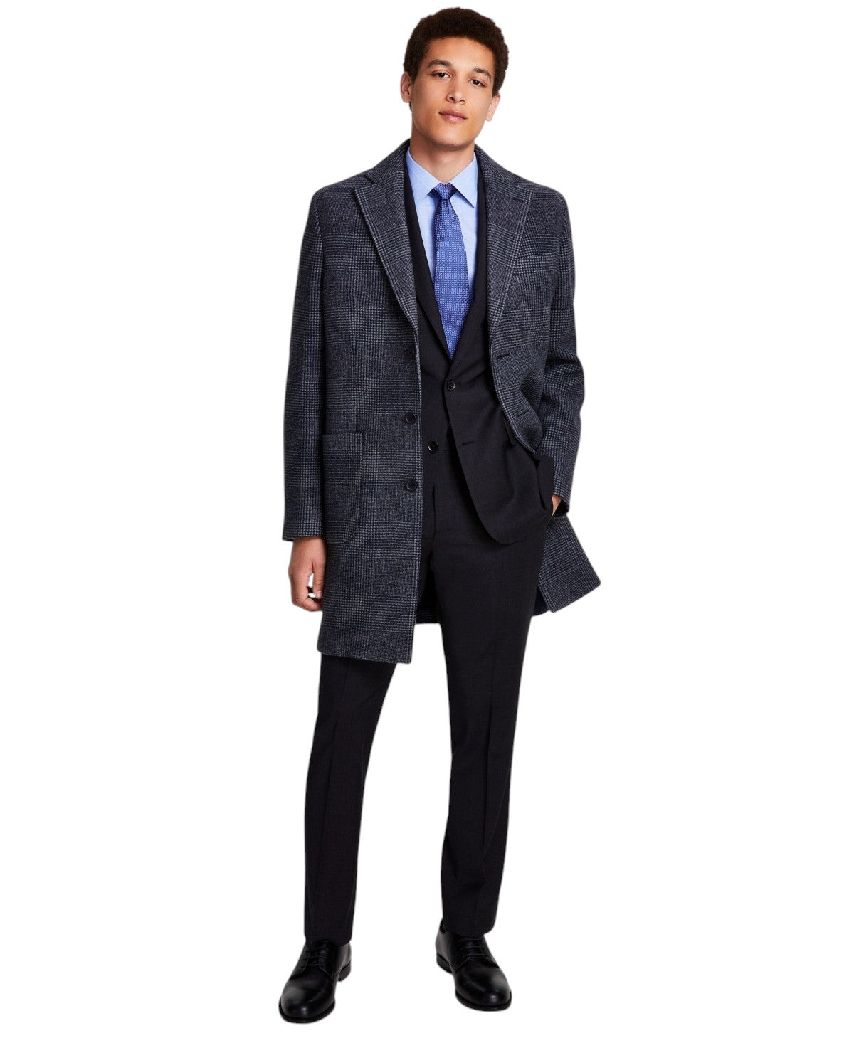 B by Brooks Brothers Men's Plaid Double-Face Wool Coat Overcoat 46 L Grey Plaid