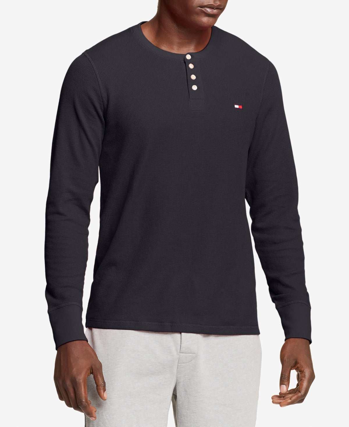 Tommy Hilfiger Mens Waffle Knit Long Sleeve Pajama Shirt Navy Blue Small