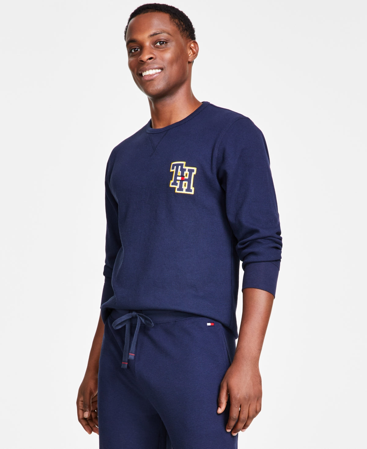Tommy Hilfiger Mens Waffle Knit Long Sleeve Pajama Shirt Navy Blue Large