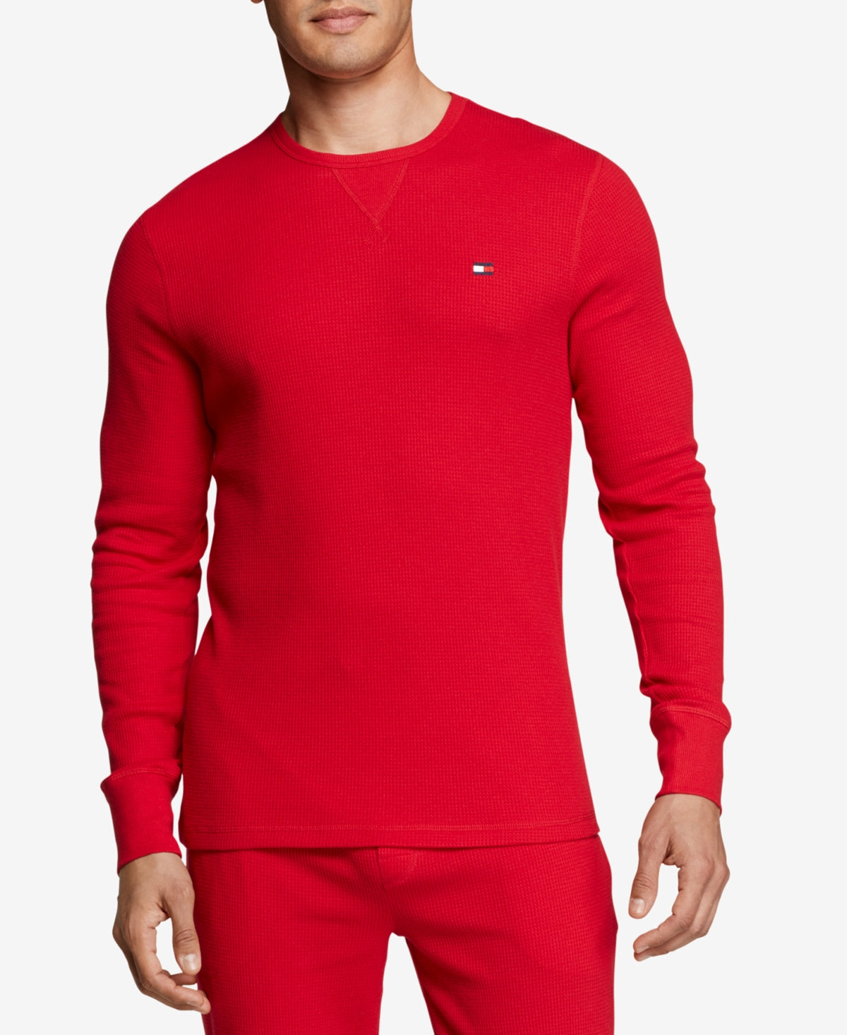 Tommy Hilfiger Men's Waffle Knit Long Sleeve T Shirt Red  Medium