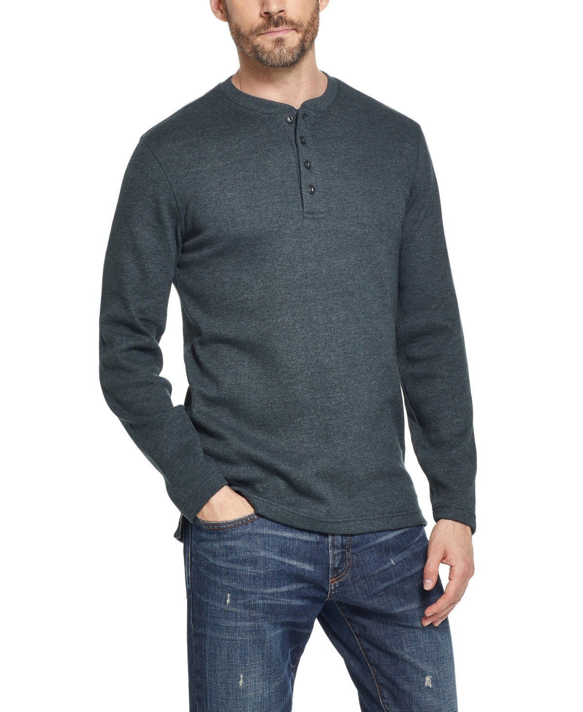 Weatherproof Vintage Mens Long Sleeve Waffles Henley T Shirt Green XL