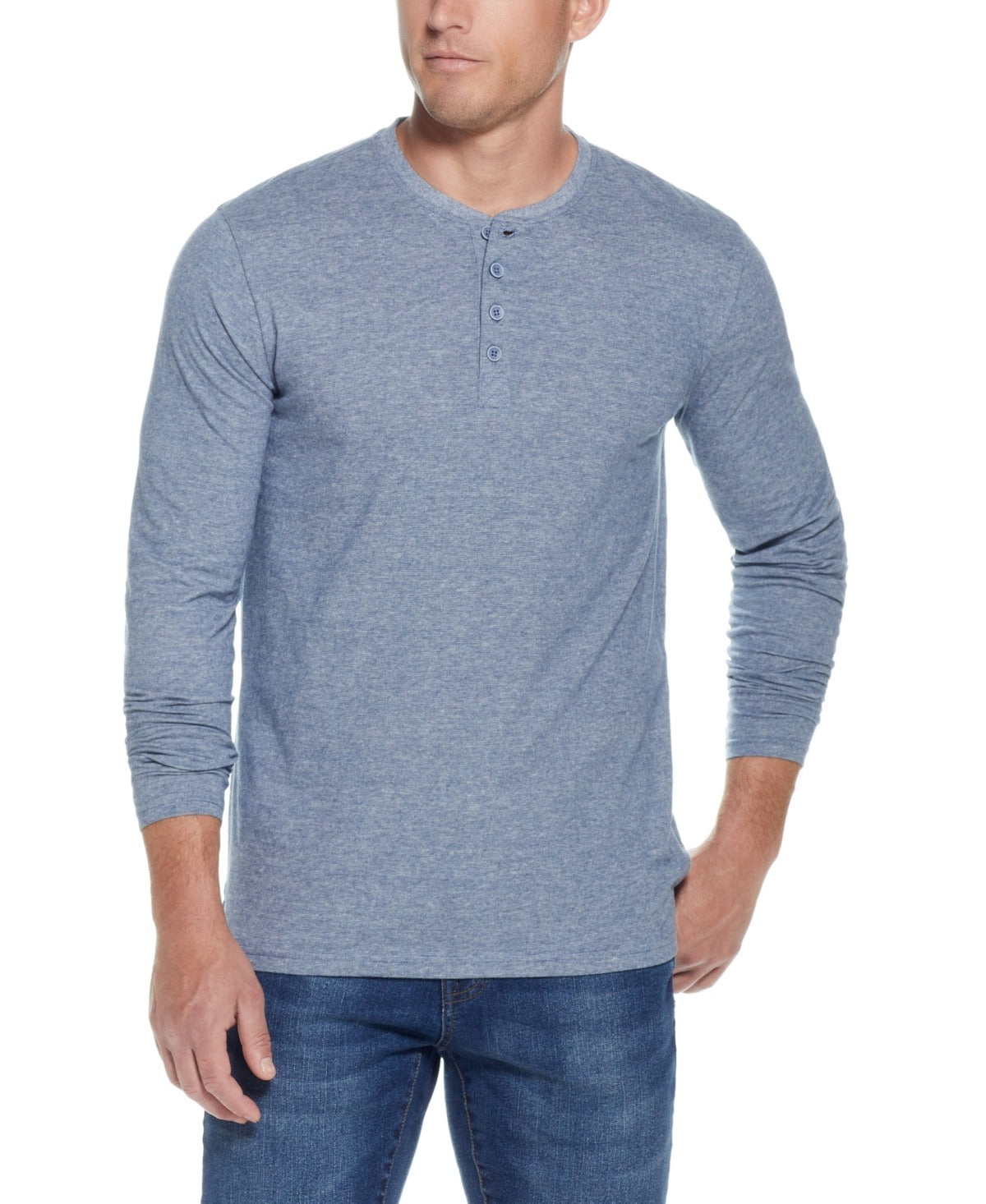 Weatherproof Vintage Men's Long Sleeved Microstripe Henley T shirt Medium Blue