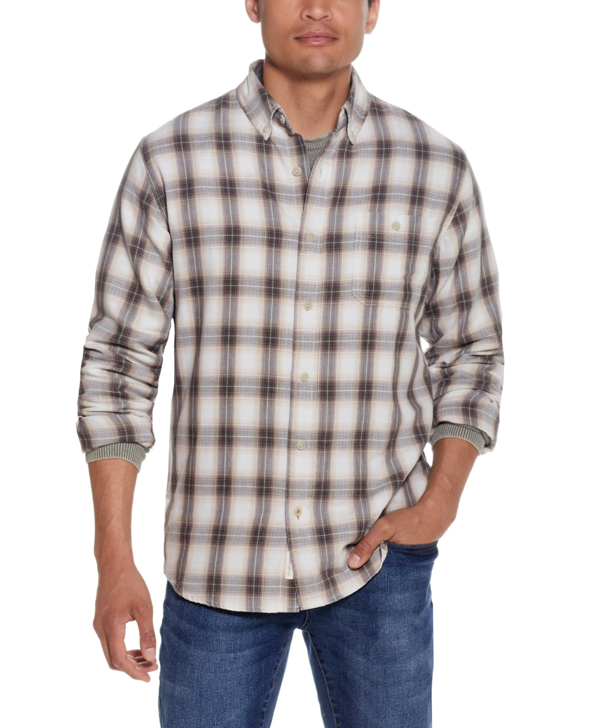 Weatherproof Vintage Mens Plaid Button Down Shirt Shitake Grey Medium