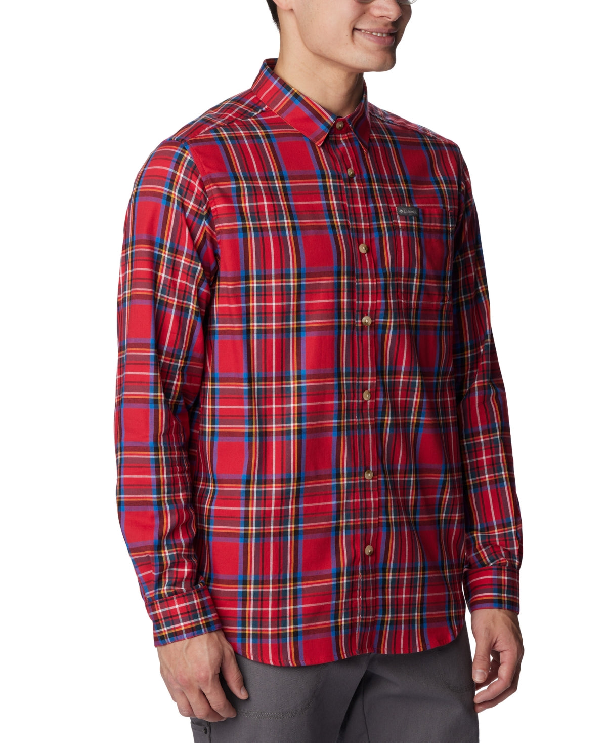 Columbia Men Regular fit Long Sleeve Button-Up Shirt Small Red Plaid Stretch