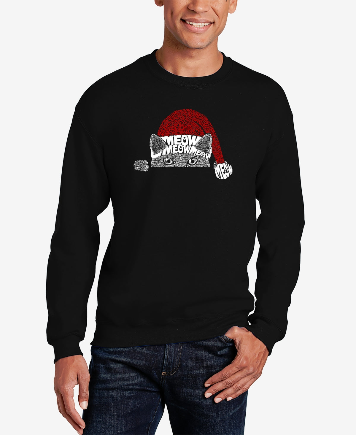 LA Pop Art Mens  Christmas Peeking Cat Crewneck Sweatshirt Black XL
