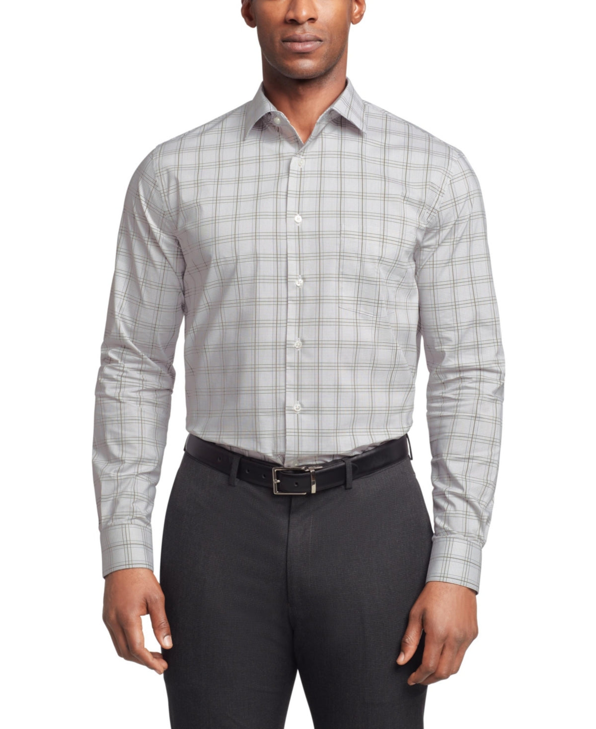 VAN HEUSEN Mens Regular fit Dress Shirt Large 16-16.5 32-33 Olive Green Plaid