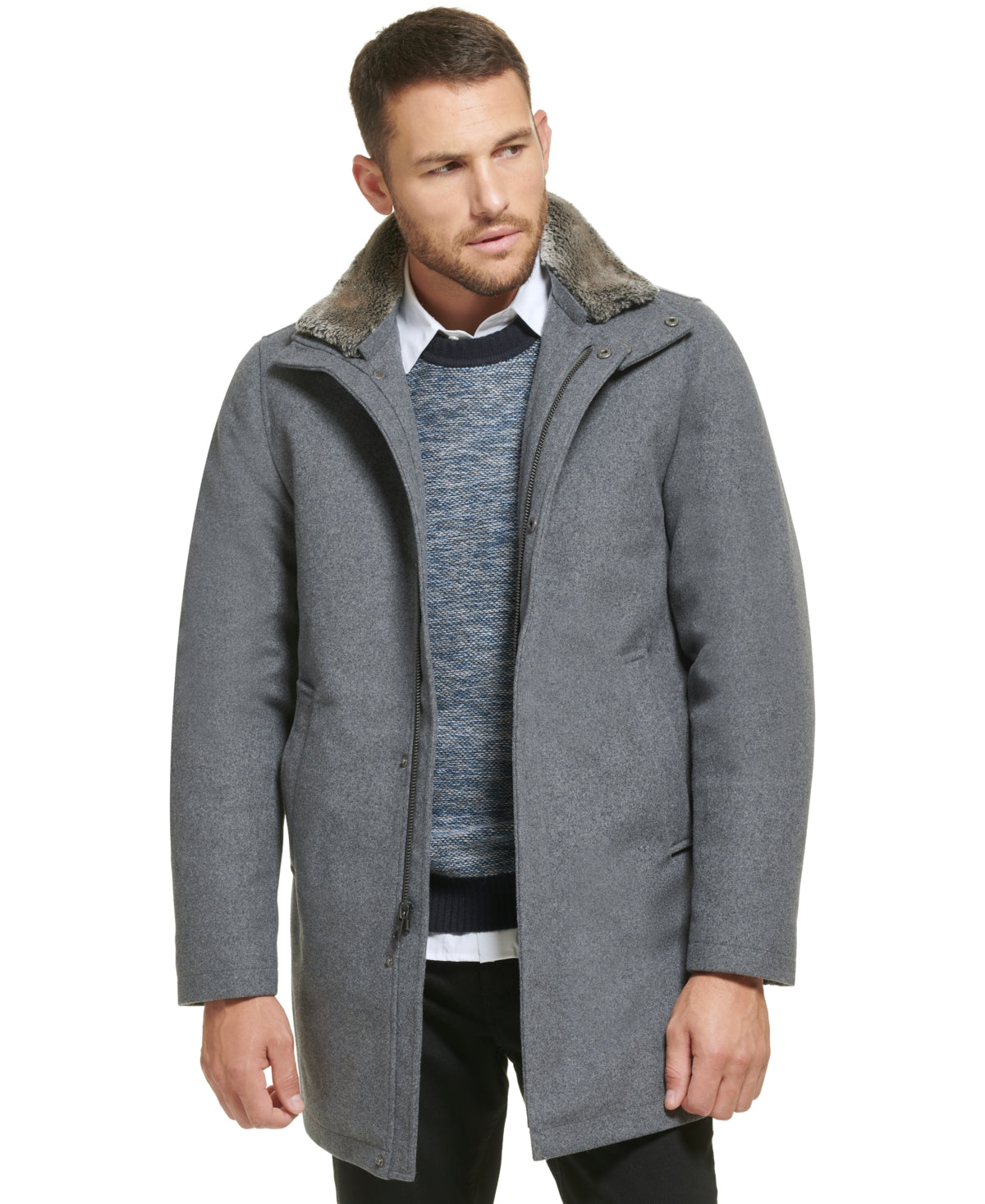 Calvin Klein Men's Urban Walker Coat Faux Fur Interior Collar Grey Medium