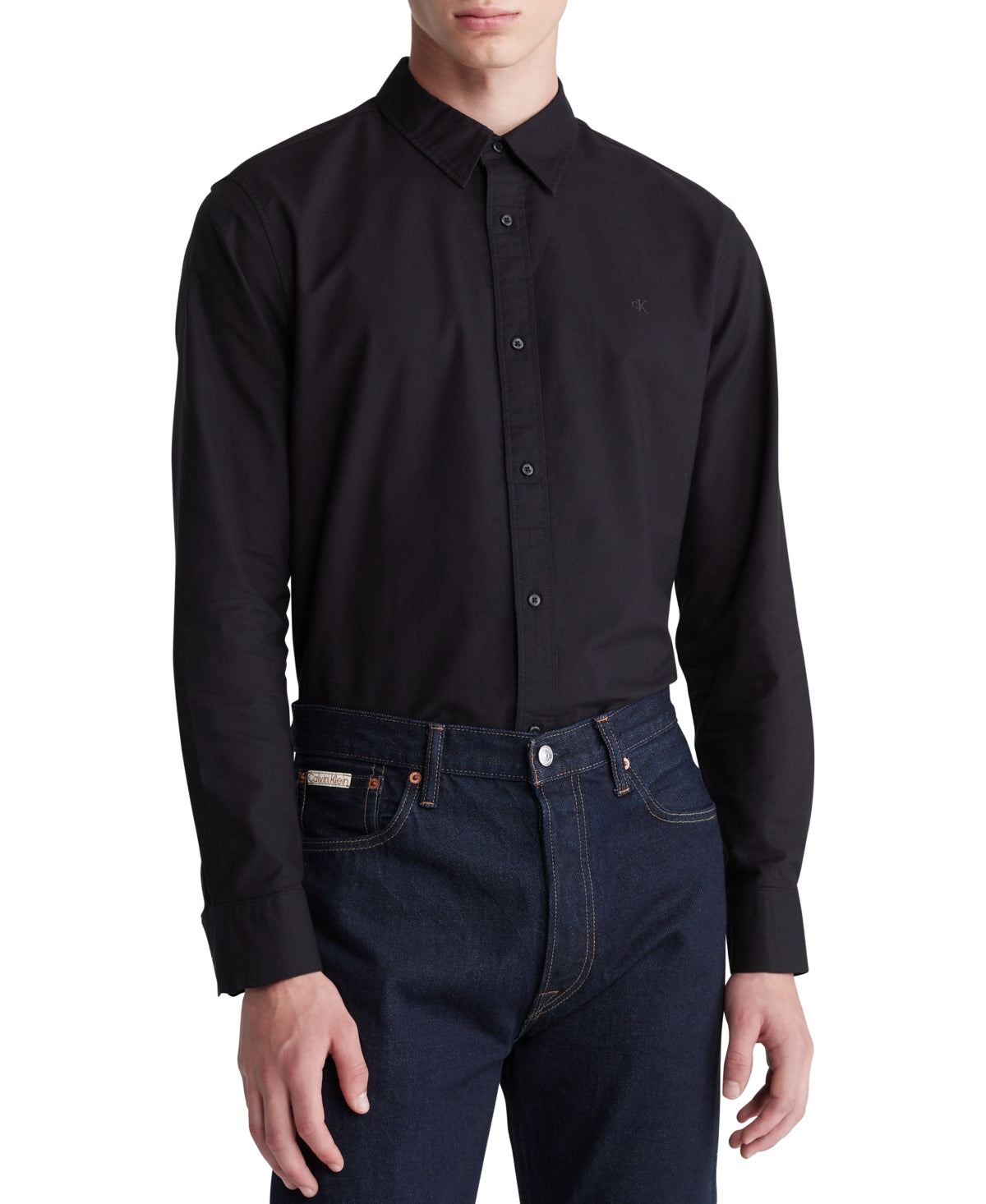 Calvin Klein Men's Solid Button Down Oxford Shirt Black Beauty Small